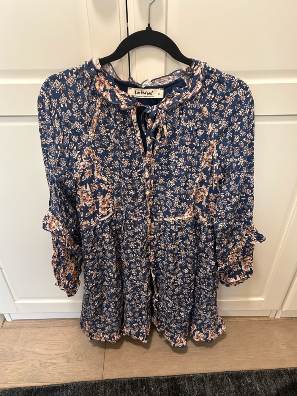 Three Bird Nest Navy Floral Tie-Neck Tunic with Blush Accents